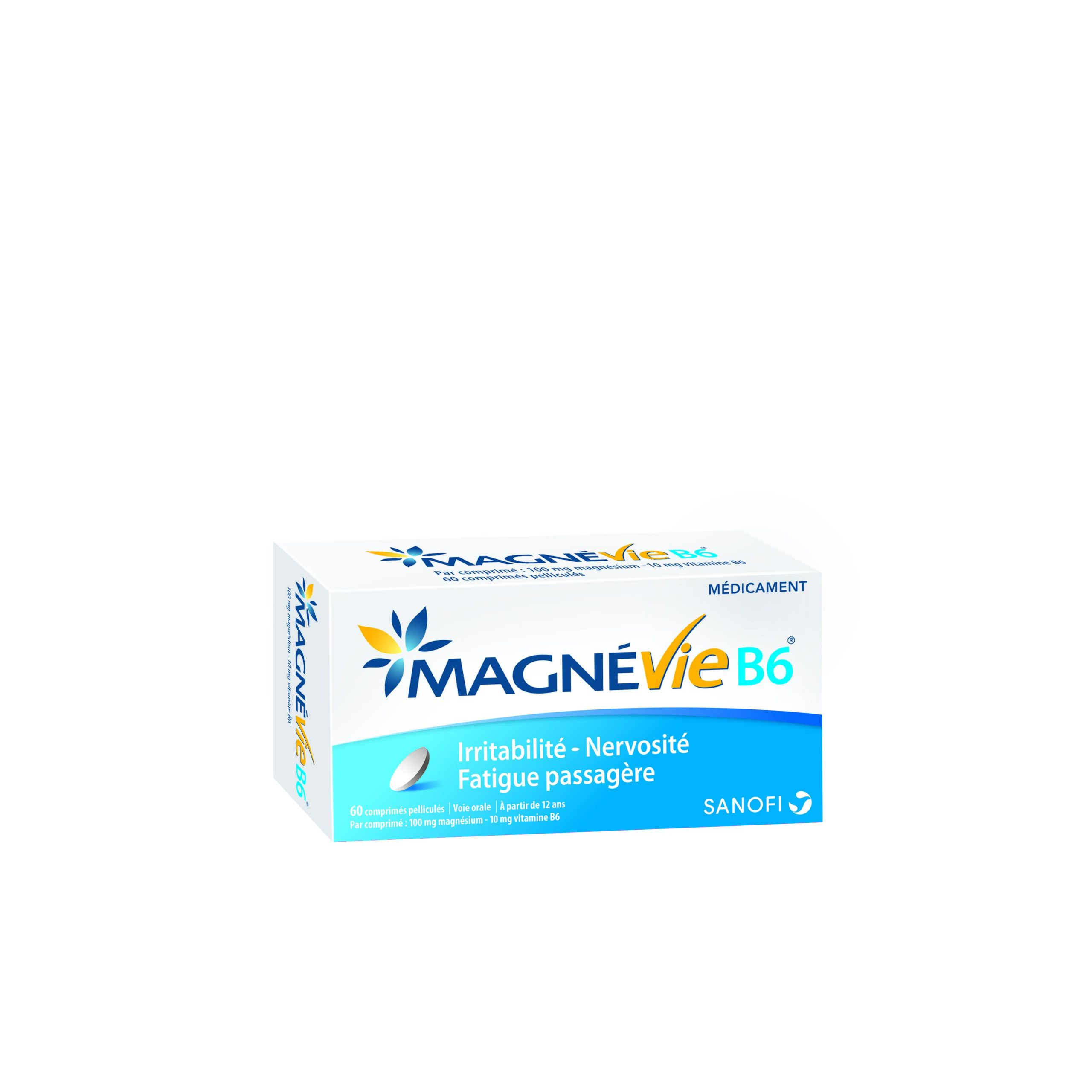 image MagnéVie B6® 100 mg / 10 mg, comprimé pelliculé Magnesium anhydre (Citrate) / Pyridoxine (Chlorhydrate) Boîte de 60 comprimés